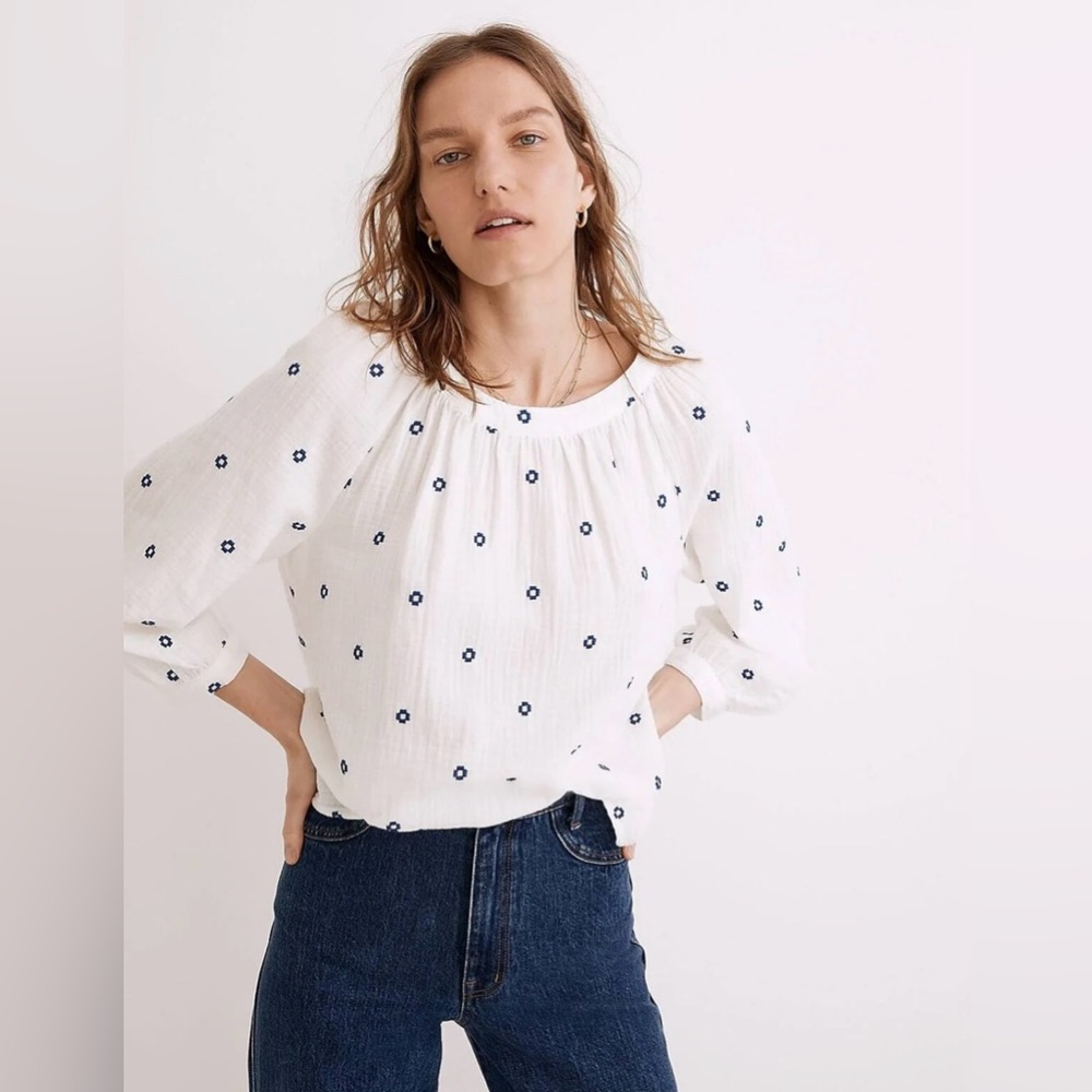 Madewell Embroidered Lightspun Cotton Gauze Wide-Neck Cuffed-Sleeve Top Size XXS